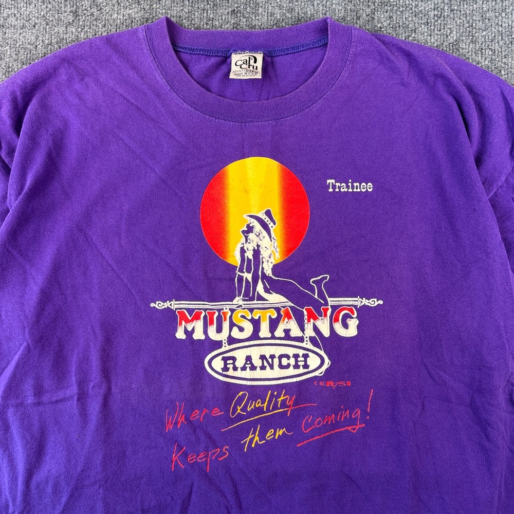 Vintage Mustang Ranch Trainee T Shirt Mens 2XL Purple Las Vegas Made in USA